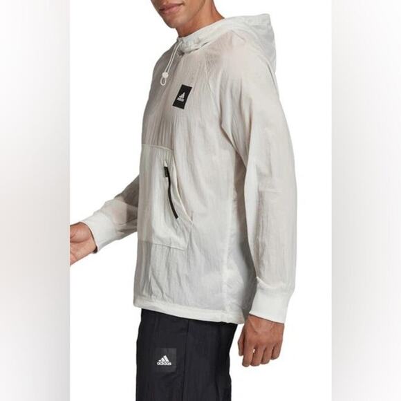 ADIDAS Water Repellent Mens Must Haves DWR Nylon Hoodie in Cream Ivory Sz. Small - Picture 1 of 9
